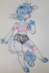 Size: 945x1400 | Tagged: safe, artist:bluet0ast, imported from derpibooru, oc, oc only, oc:razzle dazzle, anthro, unguligrade anthro, unicorn, bovine oc, clothes, cloven hooves, hair over eyes, horn, male, shorts, solo, traditional art, unicorn oc, waving