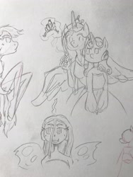 Size: 3024x4032 | Tagged: safe, artist:scribleydoodles, imported from derpibooru, princess cadance, princess flurry heart, queen chrysalis, shining armor, alicorn, anthro, human, alicorn humanization, clothes, crown, dress, female, glowing hands, horn, horned humanization, humanized, jewelry, lineart, magic, male, older, older flurry heart, regalia, smiling, telekinesis, traditional art, winged humanization, wings