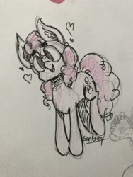 Size: 3024x4032 | Tagged: safe, artist:scribleydoodles, imported from derpibooru, pinkie pie, earth pony, pony, ear fluff, female, heart, mare, signature, smiling, traditional art