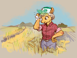 Size: 1216x908 | Tagged: safe, artist:spectralunicorn, imported from derpibooru, applejack, anthro, earth pony, baseball cap, cap, clothes, cottagecore, farmer, field, flannel shirt, hat, jeans, pants, rolled up sleeves