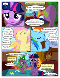 Size: 612x792 | Tagged: safe, artist:newbiespud, edit, edited screencap, imported from derpibooru, screencap, fluttershy, rainbow dash, spike, twilight sparkle, dragon, pegasus, pony, unicorn, comic:friendship is dragons, magical mystery cure, may the best pet win, bed, clock, comic, determined, dialogue, duo, eyelashes, eyes closed, female, floppy ears, golden oaks library, horn, indoors, male, mare, open mouth, rain, raised hoof, sad, screencap comic, smiling, teeth, underhoof, unicorn twilight, wings