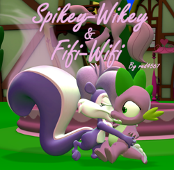 Size: 1104x1080 | Tagged: safe, artist:red4567, imported from derpibooru, spike, dragon, skunk, fanfic:spikey-wikey & fifi-wifi, 3d, crossover, crossover shipping, fanfic, fanfic art, fanfic cover, female, fifi la fume, interspecies, kissing, kit, link in description, male, one sided shipping, shipping, skunk stripe, source filmmaker, straight, tiny toon adventures