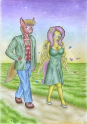 Size: 2451x3490 | Tagged: safe, artist:sinaherib, imported from derpibooru, big macintosh, fluttershy, anthro, earth pony, pegasus, plantigrade anthro, abs, arm behind back, bare chest, beard, blushing, breasts, busty fluttershy, chest hair, clothes, dress, facial hair, female, fluttermac, great macintosh, high res, male, muscles, muscular male, open clothes, open shirt, shipping, straight, straw in mouth, topless, traditional art, twilight (astronomy)