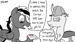 Size: 1200x675 | Tagged: safe, artist:pony-berserker, imported from derpibooru, oc, oc:berzie, oc:midnight blaze, changedling, changeling, pegasus, pony, halftone, hard hat, meta, pony-berserker's twitter sketches, sketch, stippling