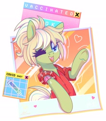 Size: 2540x2884 | Tagged: safe, artist:musicfirewind, artist:wavecipher, imported from derpibooru, oc, oc only, oc:milli, pony, comments locked down, coronavirus, covid-19, cute, eponafest, heart, heart eyes, high res, mascot, ocbetes, solo, vaccination, wingding eyes