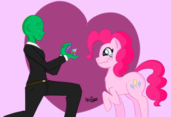 Size: 3578x2462 | Tagged: safe, artist:datzigga, imported from derpibooru, pinkie pie, oc, oc:anon, earth pony, human, pony, blushing, cute, diapinkes, heart, heart eyes, high res, jewelry, marriage proposal, ring, romantic, wavy mouth, wedding ring, wingding eyes