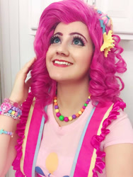 Size: 720x960 | Tagged: safe, artist:sarahndipity cosplay, imported from derpibooru, pinkie pie, human, clothes, cosplay, costume, irl, irl human, looking up, photo, smiling