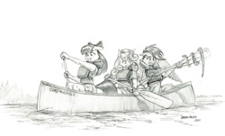 Size: 1500x905 | Tagged: safe, artist:baron engel, imported from derpibooru, apple bloom, scootaloo, sweetie belle, anthro, earth pony, pegasus, snake, unicorn, canoe, cutie mark crusaders, danger noodle, female, grayscale, lifejacket, monochrome, pencil drawing, traditional art, trio