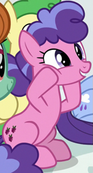 Size: 313x579 | Tagged: safe, imported from derpibooru, screencap, berry blend, berry bliss, huckleberry, november rain, peppermint goldylinks, earth pony, pony, marks for effort, season 8, spoiler:s08, cute, female, friendship student, hooves on cheeks, mare, solo focus