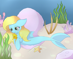 Size: 1600x1300 | Tagged: safe, artist:adostume, imported from derpibooru, oc, oc only, merpony, seahorse, seapony (g4), starfish, blushing, commission, coral, crepuscular rays, dorsal fin, female, fish tail, green eyes, ocean, sand, seaweed, smiling, solo, tail, underwater, water, yellow mane