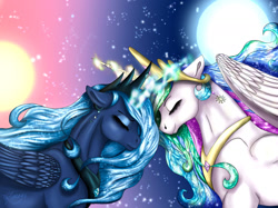 Size: 1280x957 | Tagged: safe, artist:nutmeg04, imported from derpibooru, princess celestia, princess luna, alicorn, pony, blue mane, crown, ethereal mane, eyelashes, eyes closed, female, flowing mane, folded wings, glowing horn, horn, jewelry, moon, moonlight, multicolored hair, regalia, royal sisters, siblings, signature, sisters, smiling, starry mane, stars, sun, sunlight, wings