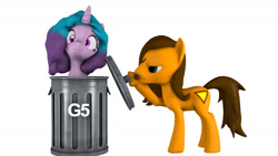 Size: 1280x720 | Tagged: safe, artist:mlpstevepvb, imported from derpibooru, izzy moonbow, oc, entitlement, g4 purist, g5, op is a duck, trash can