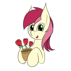 Size: 1714x1714 | Tagged: safe, artist:wapamario63, imported from ponybooru, roseluck, earth pony, pony, bust, cute, female, flower, looking at you, mare, open mouth, plant, pot, potted plant, rose, simple background, solo, transparent background
