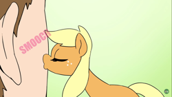 Size: 1366x768 | Tagged: safe, artist:doublewbrothers, imported from ponybooru, applejack, earth pony, human, pony, apple, appletini, cute, eyes closed, food, hatless, jackabetes, kissing, micro, missing accessory, missing cutie mark, solo, tiny, tiny ponies