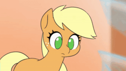 Size: 600x338 | Tagged: safe, artist:doublewbrothers, imported from ponybooru, applejack, earth pony, pony, alarm clock, animated, appletini, bust, clock, cute, eyes closed, female, gif, hatless, jackabetes, looking at you, looking down, mare, meme, micro, missing accessory, missing cutie mark, reaction image, solo, tiny, tiny ponies