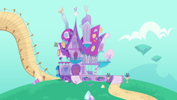 Size: 1920x1080 | Tagged: safe, imported from derpibooru, screencap, my little pony: pony life, the debut taunt, bridge, crystal, floating island, g4.5, no pony, pony life, rarity's house, scenic ponyville