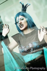 Size: 1365x2048 | Tagged: safe, artist:sarahndipity cosplay, artist:silverscotty photography, imported from derpibooru, queen chrysalis, human, 2017, clothes, cosplay, costume, facebook, fangs, irl, irl human, long nails, open mouth, photo