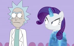 Size: 1972x1242 | Tagged: safe, artist:toucanldm, imported from derpibooru, rarity, human, pony, unicorn, angry, crossover, female, looking at each other, magic, magic aura, male, mare, purple background, rick and morty, rick and morty meets my little pony, rick sanchez, simple background