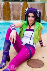 Size: 667x1000 | Tagged: safe, artist:littleprofessorproductions, artist:sarahndipity cosplay, imported from derpibooru, aria blaze, human, bronycon, bronycon 2015, equestria girls, boots, clothes, cosplay, costume, disguise, disguised siren, facebook, high heel boots, irl, irl human, photo, shoes, sitting