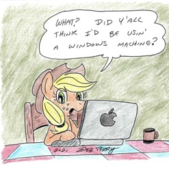 Size: 1263x1278 | Tagged: safe, artist:debmervin, imported from derpibooru, applejack, earth pony, apple (company), apple computer, colored pencil drawing, computer, laptop computer, macbook, traditional art