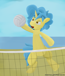 Size: 1848x2166 | Tagged: safe, artist:moon-source, imported from derpibooru, oc, oc only, pony, beach, blue hair, male, solo, sports, volleyball, volleyball net, yellow coat