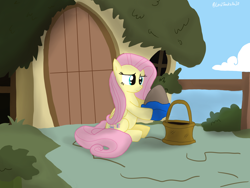 Size: 4032x3024 | Tagged: safe, artist:lordshrekzilla20, imported from derpibooru, fluttershy, fanfic:godzilla, basket, cloth, egg, fanfic art, fluttershy's cottage