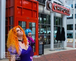 Size: 1000x800 | Tagged: safe, artist:littlemissbloo, artist:littleprofessorproductions, artist:shelbeanie, imported from derpibooru, adagio dazzle, sonata dusk, human, equestria girls, chipotle, clothes, cosplay, costume, disguise, disguised siren, irl, irl human, open mouth, photo