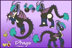 Size: 4096x2731 | Tagged: safe, artist:tatemil, imported from derpibooru, oc, oc only, oc:drago, dracony, dragon, hybrid, original species, pony, claws, feral, horns, jewelry, necklace, reference sheet