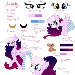 Size: 1080x1080 | Tagged: safe, artist:droopihorn, imported from derpibooru, oc, oc:lullaby, pegasus, pony, clothes, ethereal mane, eyelashes, female, filly, heterochromia, mare, pegasus oc, reference sheet, simple background, socks, starry mane, striped socks, white background, wings