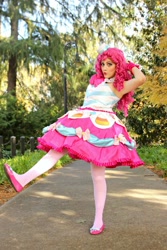 Size: 1080x1620 | Tagged: safe, artist:sarahndipity cosplay, imported from derpibooru, pinkie pie, human, the best night ever, clothes, cosplay, costume, dress, gala dress, irl, irl human, photo, raised leg