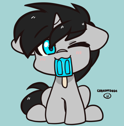 Size: 1969x2000 | Tagged: safe, artist:cottonsweets, imported from derpibooru, oc, oc only, oc:cyan delta, pony, unicorn, commission, cute, floppy ears, food, male, one eye closed, popsicle, solo, ych result