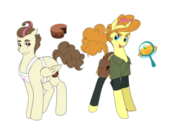 Size: 2337x1706 | Tagged: safe, artist:aztrial, imported from derpibooru, pound cake, pumpkin cake, pegasus, unicorn, apron, cake, cake twins, clothes, food, headcanon, headcanon in the description, older, older cake twins, older pound cake, older pumpkin cake, pie, siblings, twins