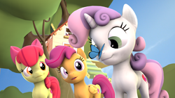 Size: 1920x1080 | Tagged: source needed, safe, artist:kenaga, imported from derpibooru, apple bloom, scootaloo, sweetie belle, butterfly, earth pony, pegasus, pony, unicorn, 3d, adorabloom, butterfly on nose, cute, cutealoo, cutie mark crusaders, diasweetes, insect on nose, outdoors, source filmmaker, treehouse, trio