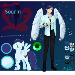 Size: 7016x7016 | Tagged: safe, artist:ruthless7, imported from derpibooru, soarin', human, pony, clothes, duo, humanized, male, pants, raised hoof, reference sheet, stallion, story included, winged humanization, wings