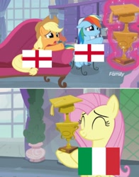 Size: 1292x1652 | Tagged: safe, edit, edited screencap, imported from derpibooru, screencap, applejack, fluttershy, rainbow dash, non-compete clause, england, eqg flag-tag meme, euro 2020, euro 2020 finals, eyes closed, italy, trophy
