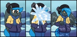 Size: 1676x820 | Tagged: safe, artist:whatsapokemon, imported from derpibooru, oc, oc only, oc:jade shine, anthro, pegasus, clothes, hat, jacket, scarf, snow, solo, wet, wet clothes