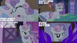 Size: 1280x720 | Tagged: safe, edit, edited screencap, editor:quoterific, imported from derpibooru, screencap, sweetie belle, pony, unicorn, for whom the sweetie belle toils, season 4, bed, blanket, carousel boutique, eyes closed, female, filly, grin, night, open mouth, pillow, smiling, solo