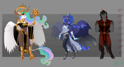 Size: 3300x1800 | Tagged: safe, artist:joan-grace, imported from derpibooru, king sombra, princess celestia, princess luna, alicorn, anthro, unguligrade anthro, unicorn, alternate universe, clothes, scepter, story included