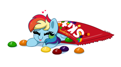 Size: 5462x3067 | Tagged: safe, artist:kittyrosie, imported from derpibooru, rainbow dash, pegasus, pony, :p, blushing, candy, cute, dashabetes, eyes closed, floating heart, food, happy, heart, micro, redraw, skittles, smiling, solo, taste the rainbow, tongue out, weapons-grade cute