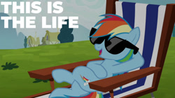 Size: 1280x720 | Tagged: safe, edit, edited screencap, editor:quoterific, imported from derpibooru, screencap, rainbow dash, pegasus, pony, season 6, the cart before the ponies, female, mare, open mouth, smiling, solo, sunglasses