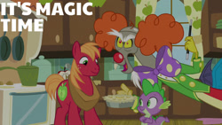 Size: 1280x720 | Tagged: safe, edit, edited screencap, editor:quoterific, imported from derpibooru, screencap, big macintosh, discord, spike, draconequus, dragon, earth pony, pony, season 8, the break up breakdown, spoiler:s08, clown nose, clown wig, food, male, open mouth, pie, red nose, smiling, stallion, trio