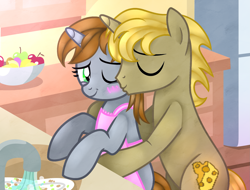 Size: 2079x1578 | Tagged: safe, anonymous artist, imported from derpibooru, oc, oc only, oc:littlepip, oc:monterey jack, pony, unicorn, fallout equestria, apron, blushing, clothes, commission, crack shipping, crackship, female, hetero littlepip, kissing, male, married, shipping, sink, straight, ych result