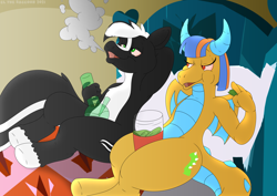 Size: 3508x2480 | Tagged: safe, artist:clcoon, imported from derpibooru, oc, oc only, oc:magma flare, oc:zenawa skunkpony, dracony, dragon, hybrid, pony, skunk, skunk pony, bed, bong, drugs, eating, female, food, high, high res, male, marijuana, munchies, pickle, red eyes, relaxed, siblings, sitting, smoke, smoke weed erryday, smoke weed everyday, smoking