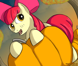 Size: 2866x2429 | Tagged: safe, artist:reashi, imported from derpibooru, apple bloom, pony, female, filly, high res, pumpkin, solo