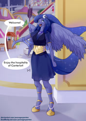 Size: 905x1280 | Tagged: safe, artist:pwnagespartan, imported from derpibooru, princess luna, alicorn, anthro, unguligrade anthro, breasts, busty princess luna, canterlot, clothes, dialogue, digital art, dress, female, horn, open mouth, solo, solo female, speech bubble, spread wings, tail, talking, text, thighs, wings