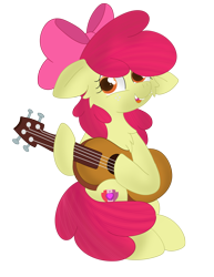 Size: 2550x3300 | Tagged: safe, artist:skyflys, imported from derpibooru, apple bloom, earth pony, pony, adorabloom, bow, cheek fluff, chest fluff, chipped tooth, cute, dexterous hooves, female, filly, guitar, high res, musical instrument, simple background, solo, transparent background