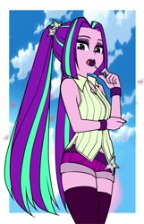 Size: 900x1400 | Tagged: safe, artist:nekojackun, imported from derpibooru, aria blaze, equestria girls, aria flat, biting, booty shorts, bracelet, candy, clothes, cloud, delicious flat chest, eyeshadow, female, food, jewelry, lollipop, long hair, looking at you, low angle, makeup, midriff, pigtails, shirt, shorts, sky, sleeveless, socks, solo, thigh highs, thighs, twintails, vest, wristband, zettai ryouiki