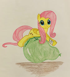 Size: 1153x1280 | Tagged: safe, artist:blackwo96777748, imported from derpibooru, fluttershy, pony, balloon, balloon riding, balloon sitting, bandaged leg, cute, shyabetes, solo, that pony sure does love balloons, traditional art