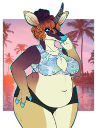 Size: 2269x2971 | Tagged: safe, artist:bluet0ast, imported from derpibooru, oc, oc only, oc:razzle frazzle, anthro, unicorn, bikini, bikini top, chubby, clothes, curved horn, female, high res, horn, nail polish, pregnant, simple background, solo, swimsuit, transparent background, trash, unicorn oc