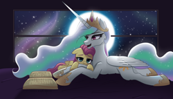 Size: 6300x3600 | Tagged: safe, artist:opal_radiance, imported from derpibooru, fluttershy, princess celestia, alicorn, pegasus, pony, absurd resolution, book, crown, female, full moon, hoof shoes, jewelry, lying down, mare, moon, open mouth, open smile, prone, regalia, smiling, time-lapse included, timelapse